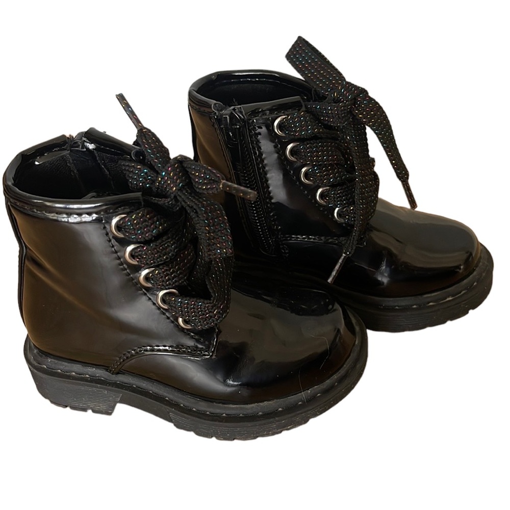 Black Patent Leather Combat Boots with Chunky Sole